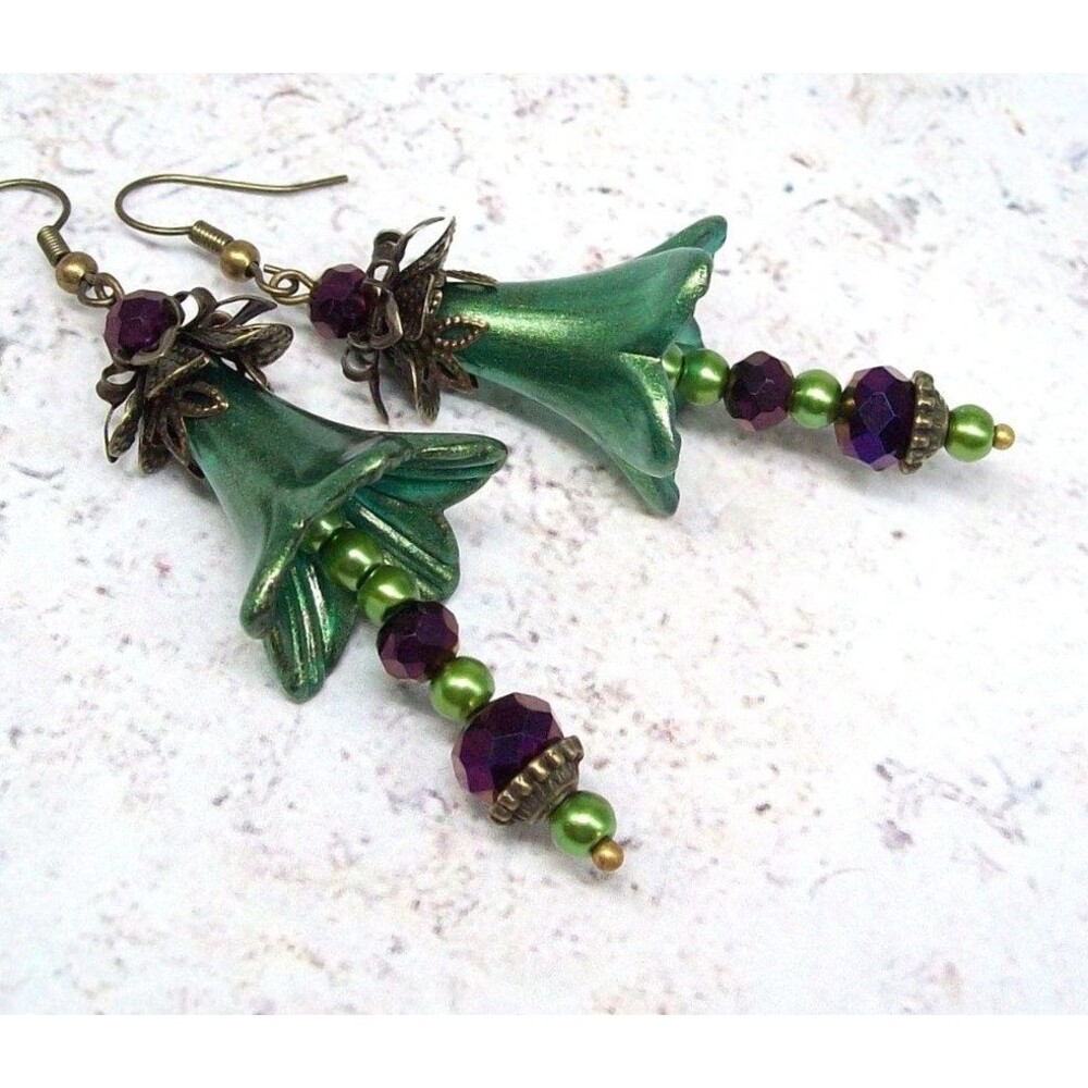 Green Art Nouveau Statement Earrings Dangle, Vintage Style, Bronze,